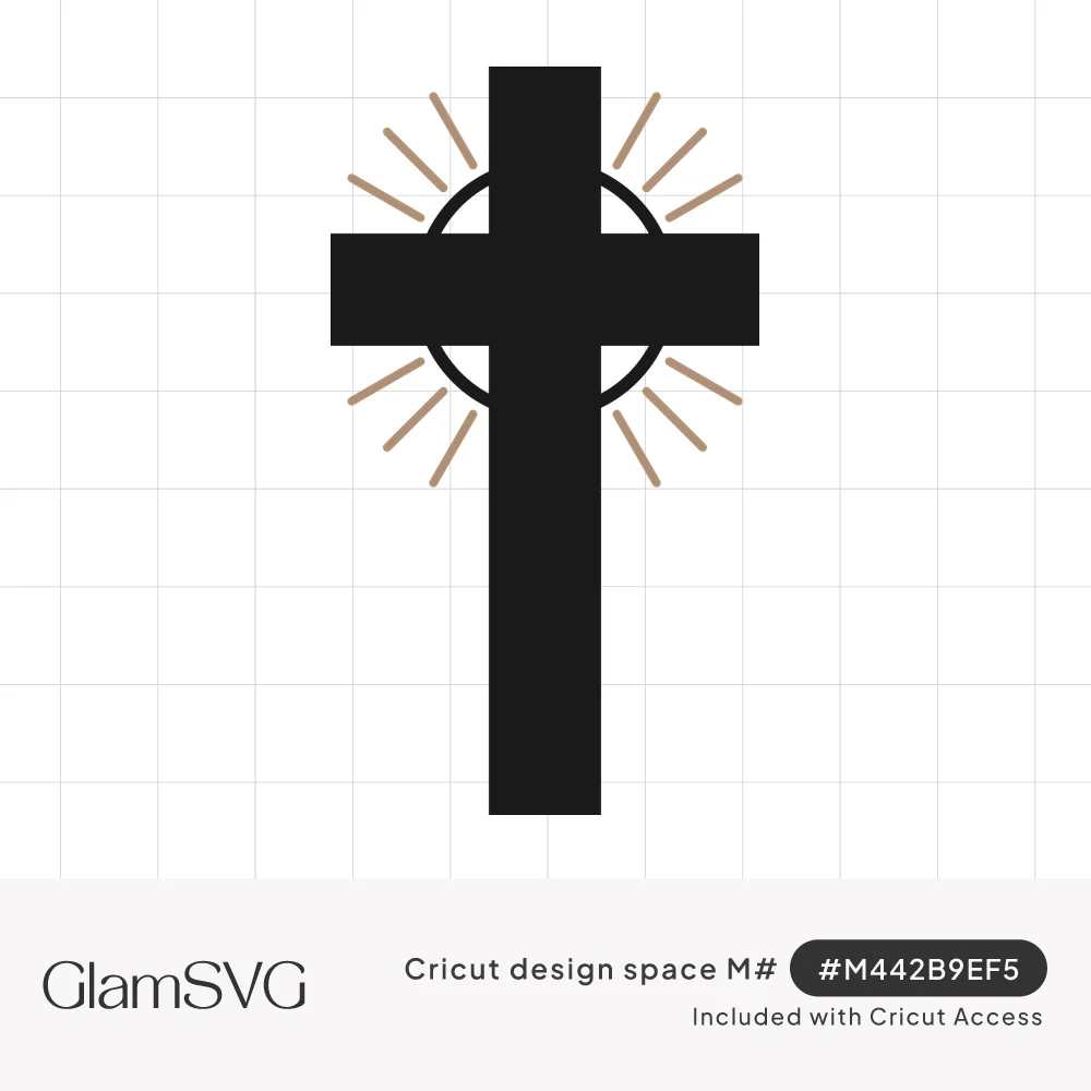 Black Latin cross with a thin circle behind the crossbar and tan light rays radiating outward