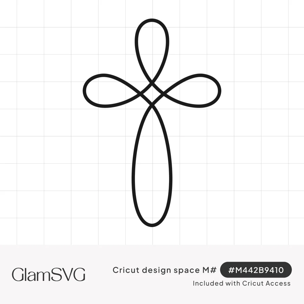 Minimalist black line cross formed by one continuous looping line with rounded petal-like arms on white