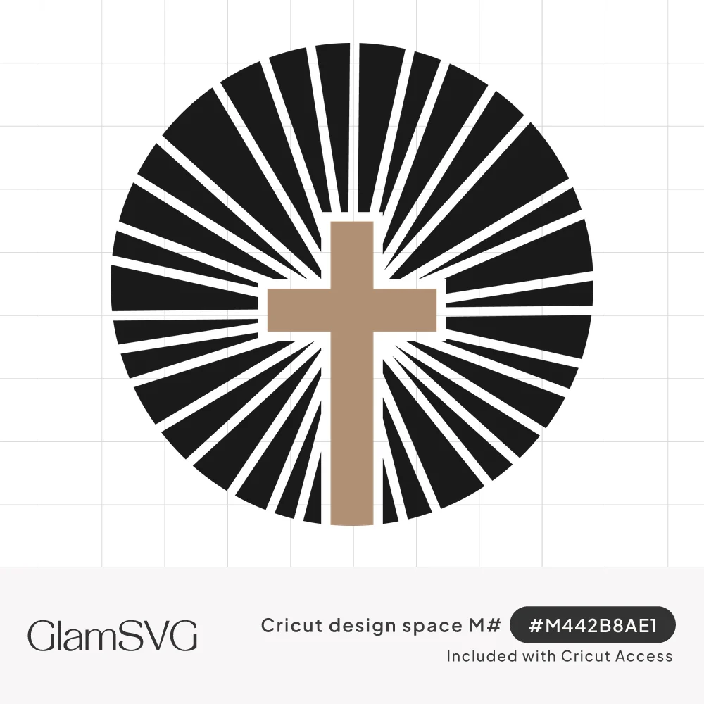 Tan Christian cross centered on a black circle of radiating sunburst rays separated by white lines