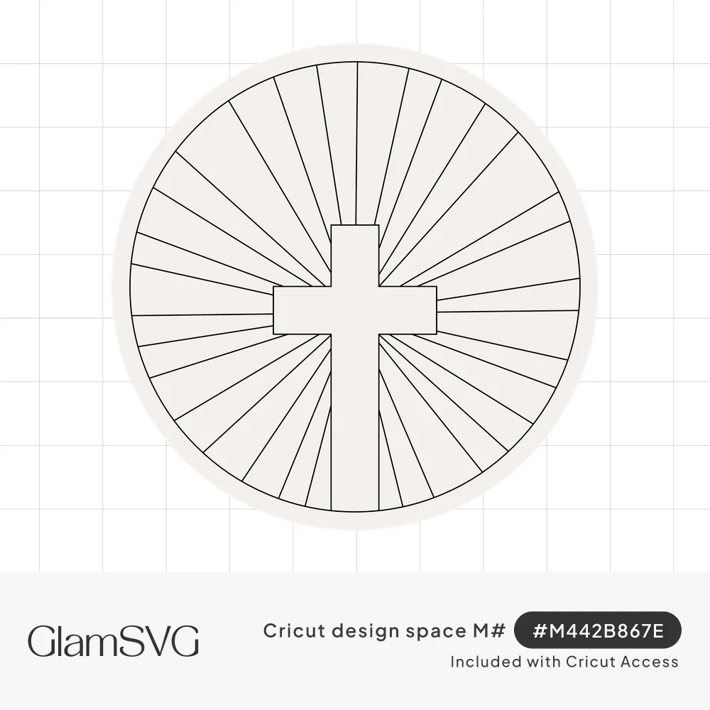Cream Latin cross centered in a circle with thin radiating sunburst lines and a ringed outer border