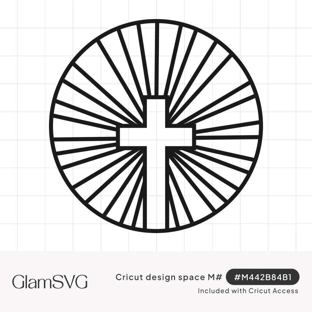 Black line art of a white Christian cross centered in a circle with straight rays radiating outward like a sunburst