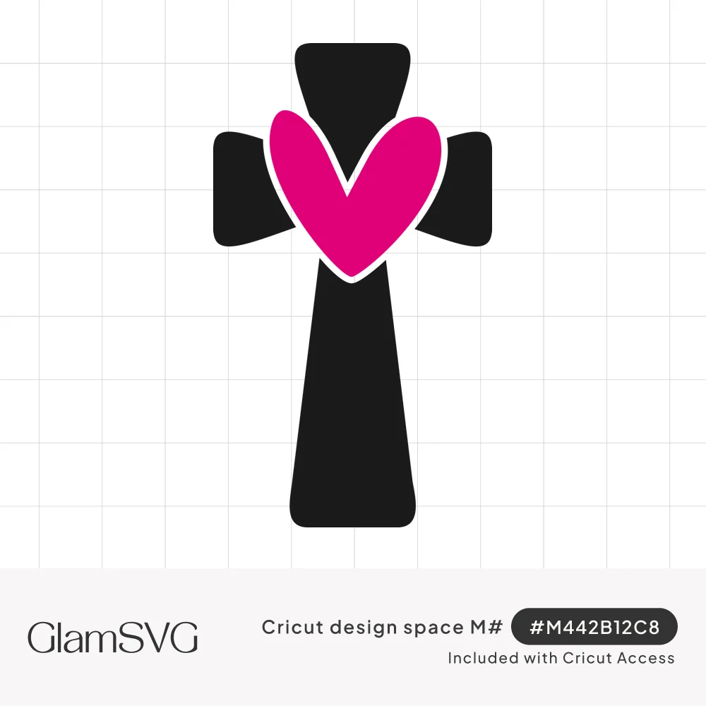 Black flared cross with a bright pink heart overlapping the center where the beams meet