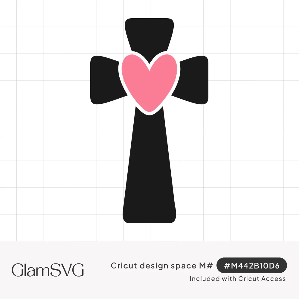 Black flared cross silhouette with a pink heart outlined in white at the center where the beams meet