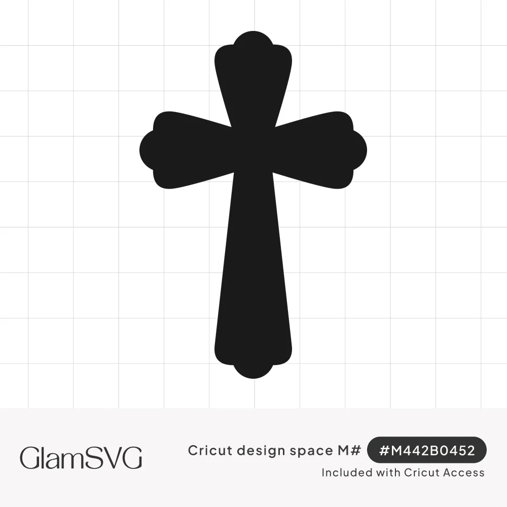 Black silhouette of a Christian cross with flared arms ending in scalloped, rounded tips