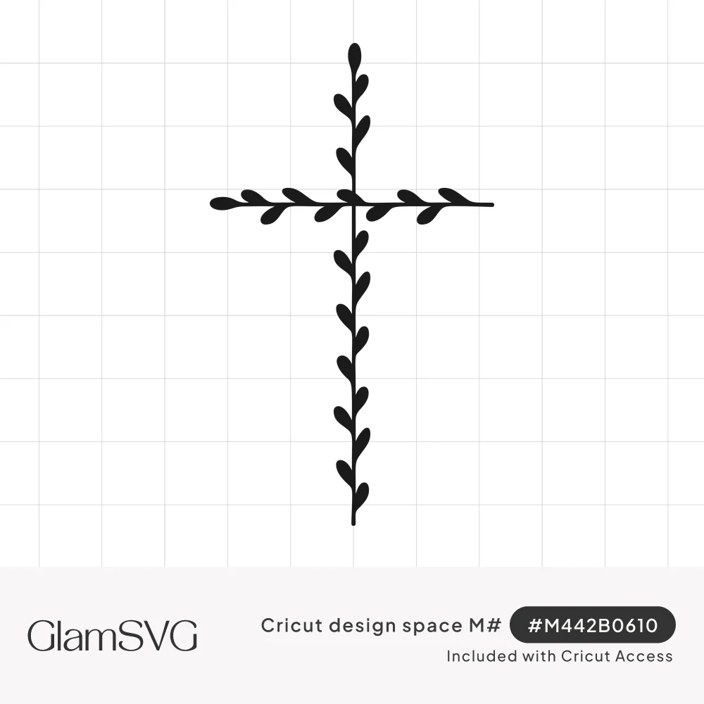 Black silhouette of a Christian cross formed from thin vine stems lined with small paired leaves on a white background
