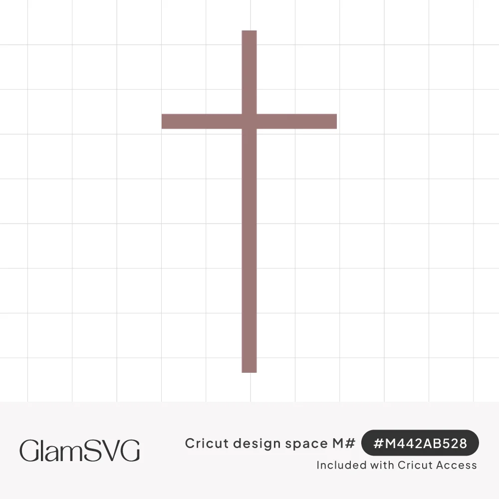 Tall, thin Latin cross drawn with simple straight lines in a dusty mauve color on a white background