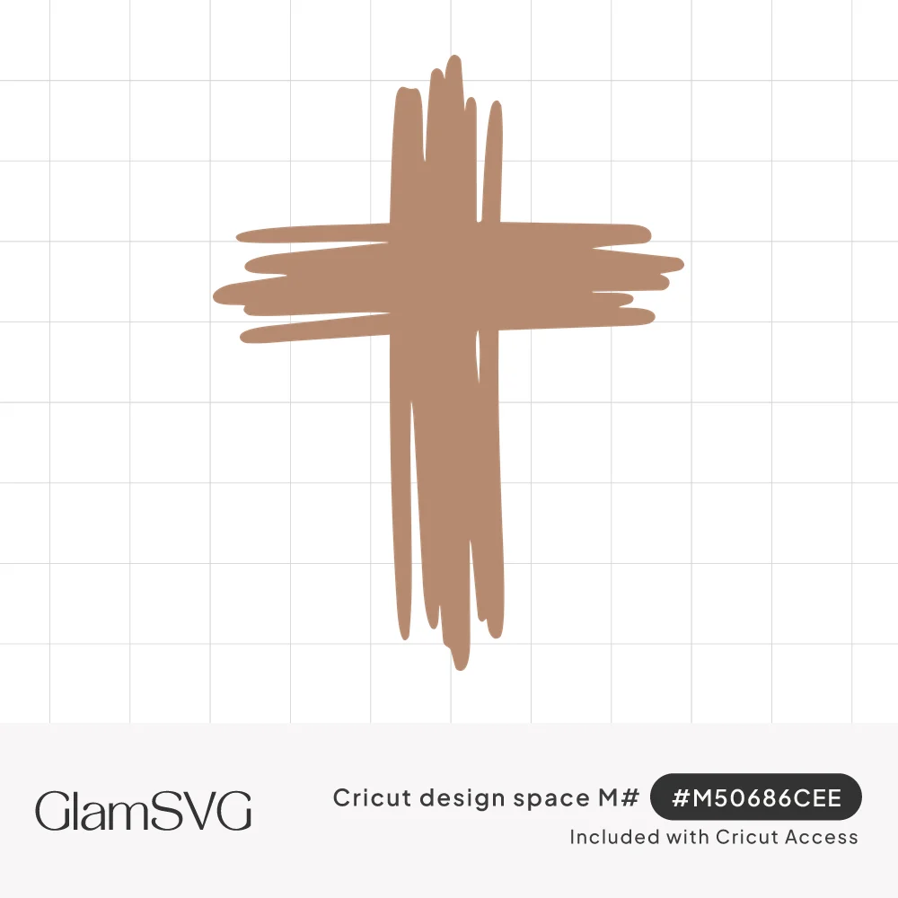 Hand-drawn tan cross made of rough, streaky brushstrokes with uneven edges on a white background
