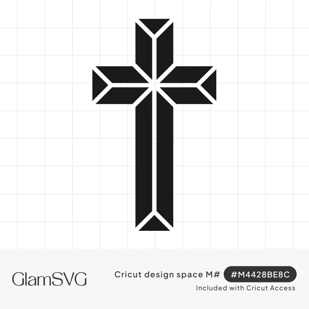 Black Latin cross with faceted beveled panels separated by thin white lines meeting at the center
