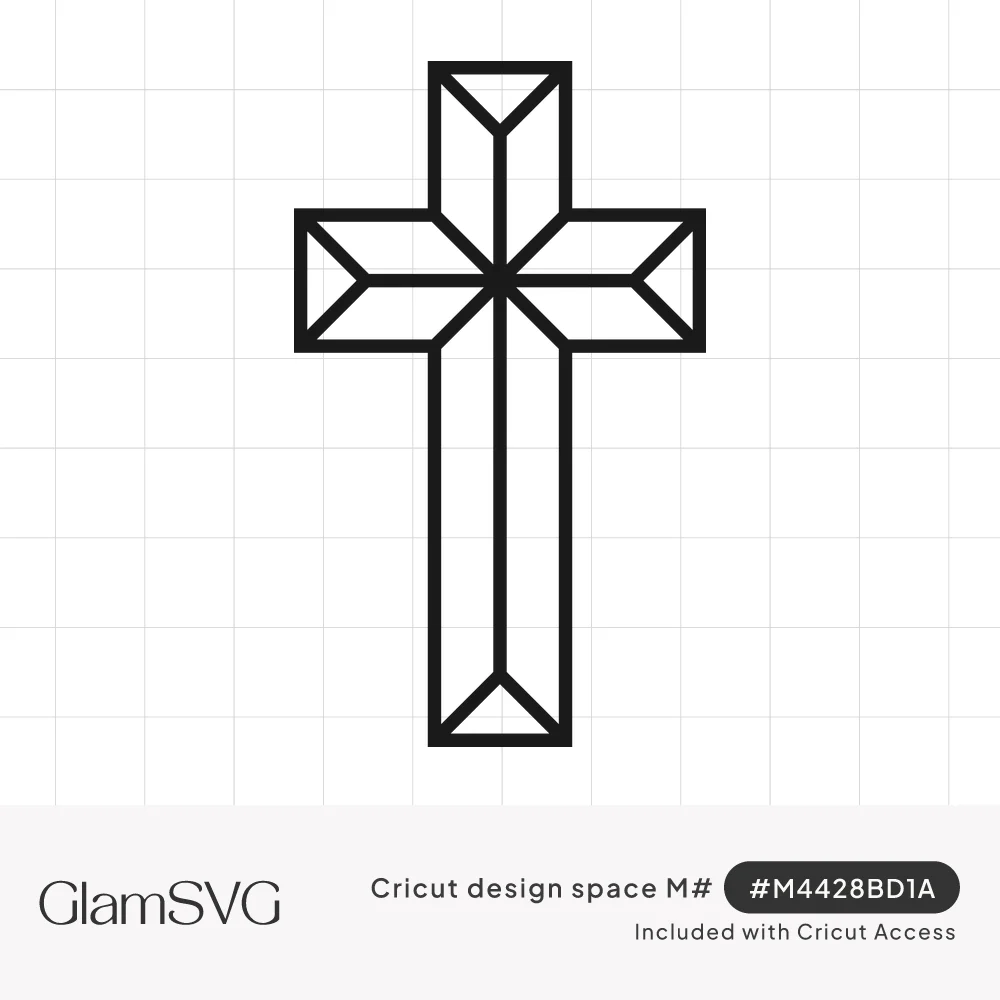 Black outline Latin cross with beveled, faceted lines on each arm meeting at the center