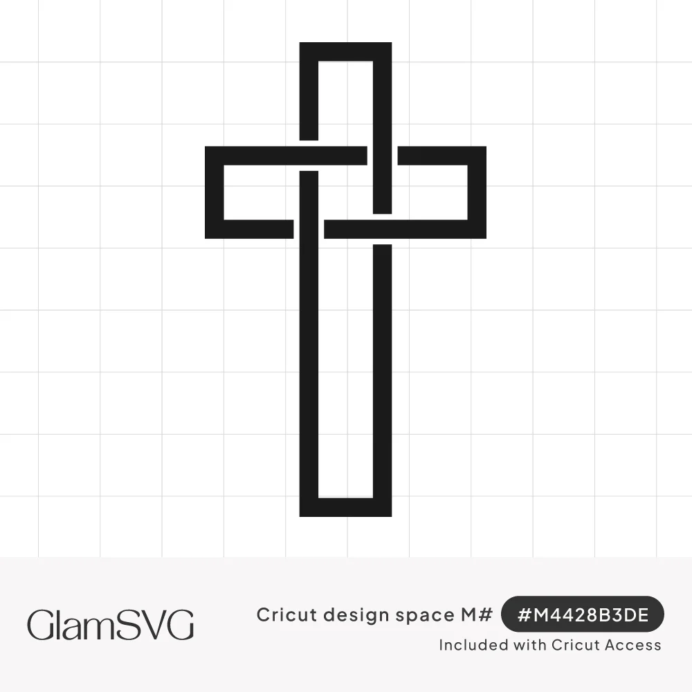 Black outlined Latin cross with arms that weave over and under the vertical beam in an interlaced knot style
