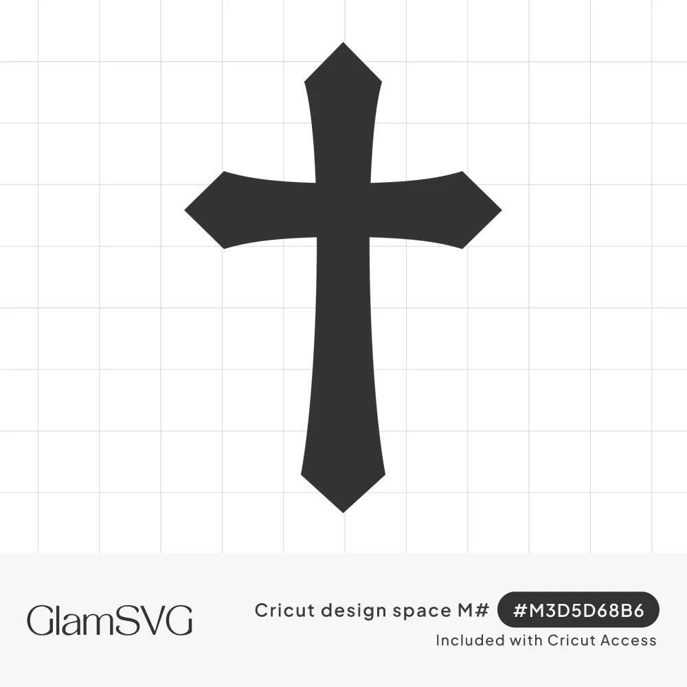 Solid dark gray Christian cross silhouette with flared arms ending in pointed tips and a long tapered base