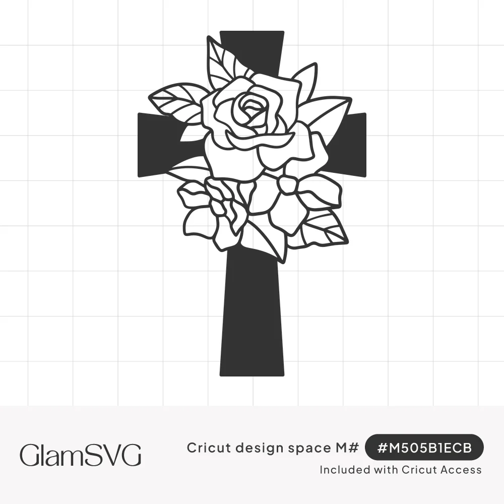 Black silhouette cross with a cluster of outlined roses, blossoms and leaves across its center