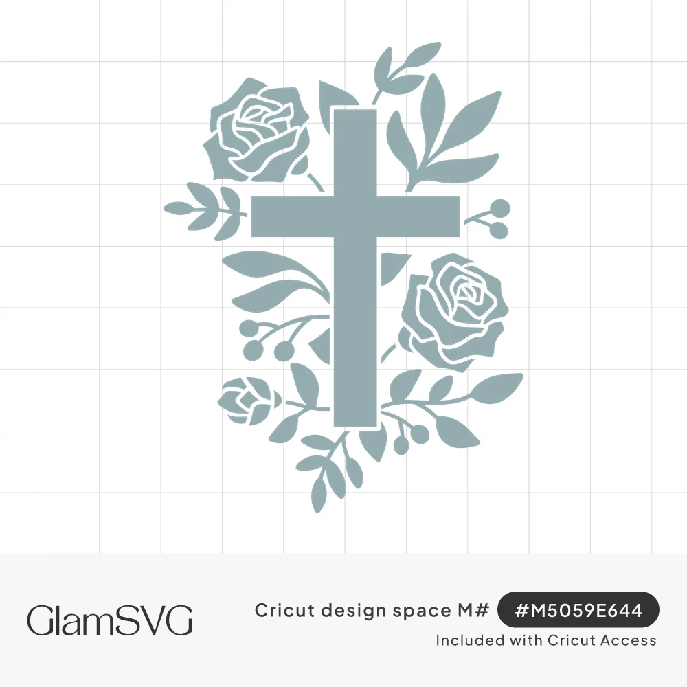 Silhouette of a Christian cross surrounded by roses, a rosebud, leafy branches and berry sprigs in slate blue