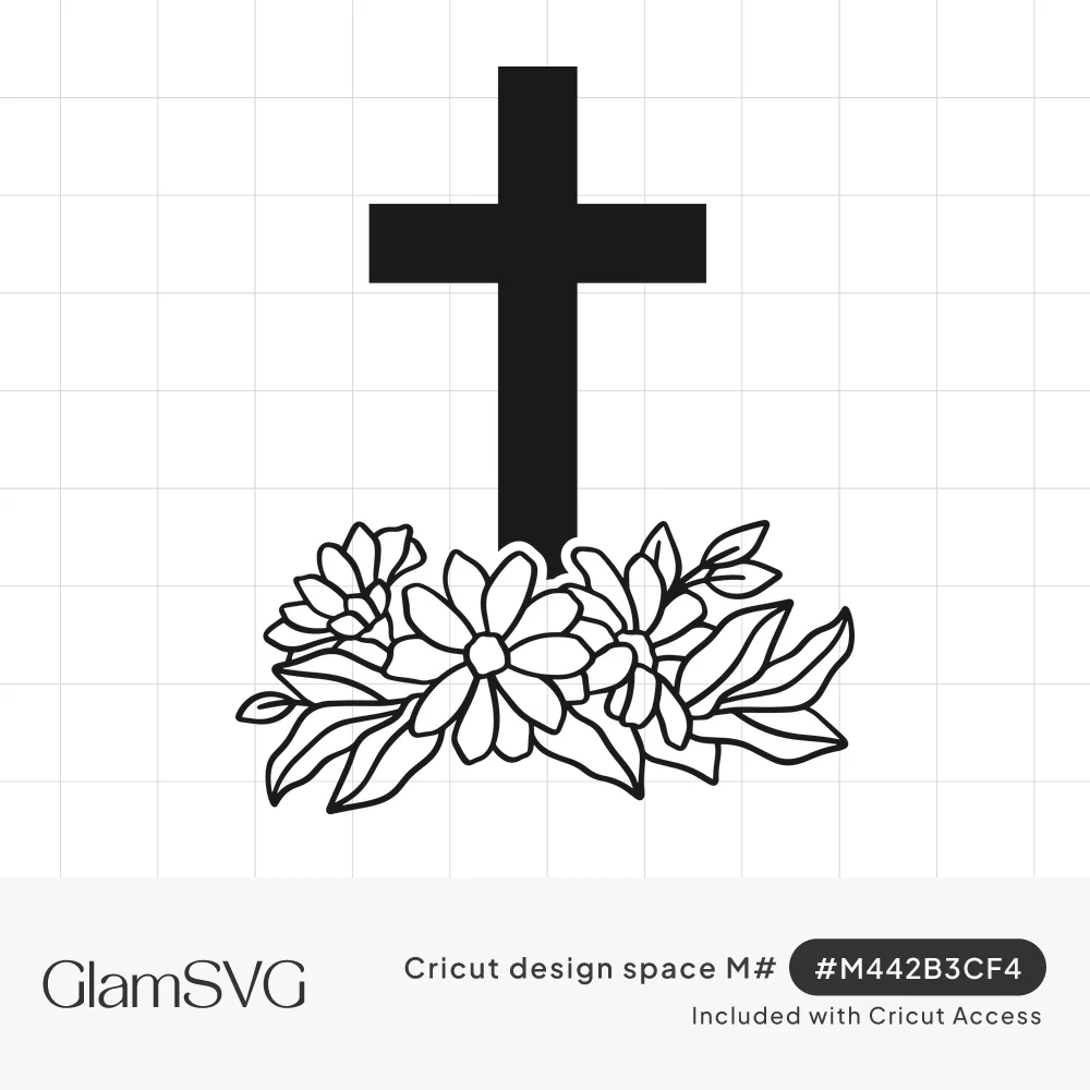 Black line art of a solid Christian cross standing above a cluster of outlined daisies, lilies and leaves