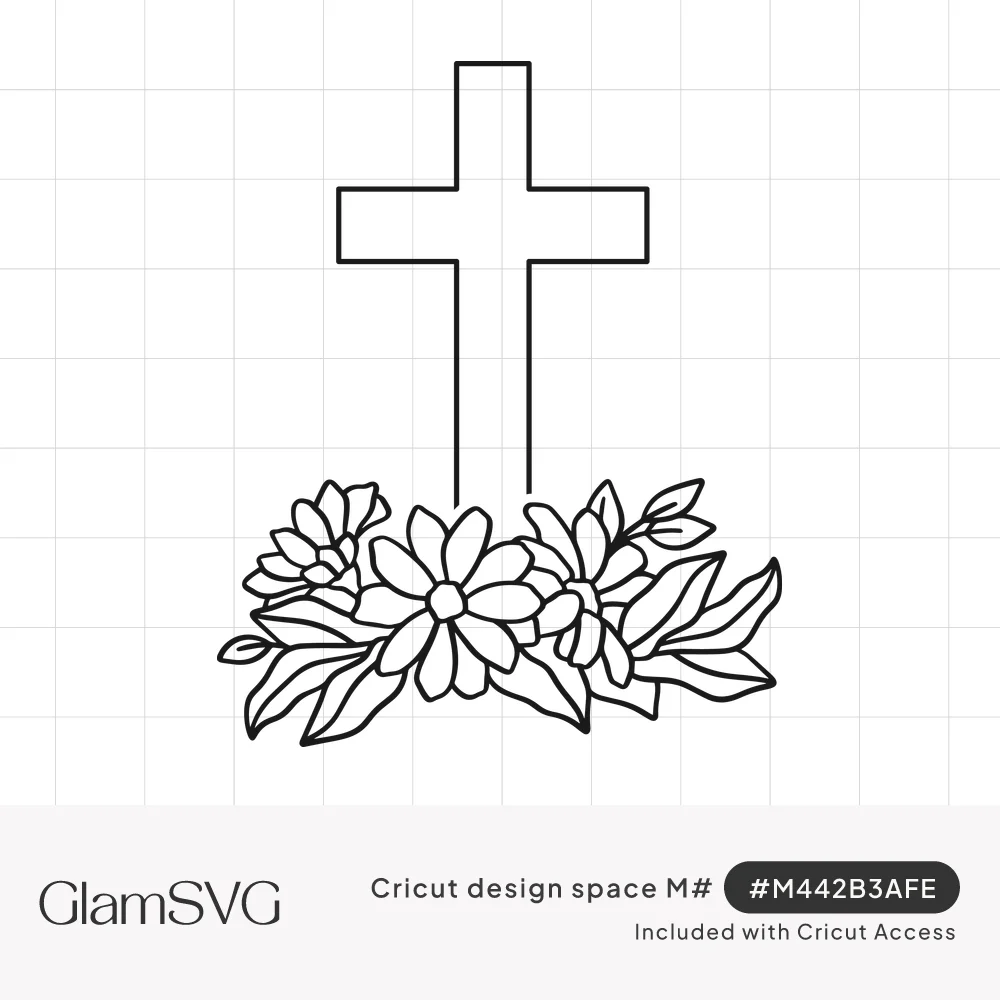 Black outline drawing of a tall Christian cross with a cluster of daisies, lilies and leaves at its base