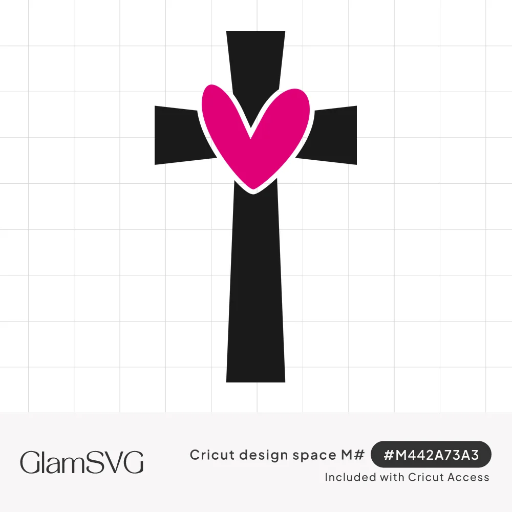 Black Christian cross with flared ends and a bright pink heart outlined in white at the center