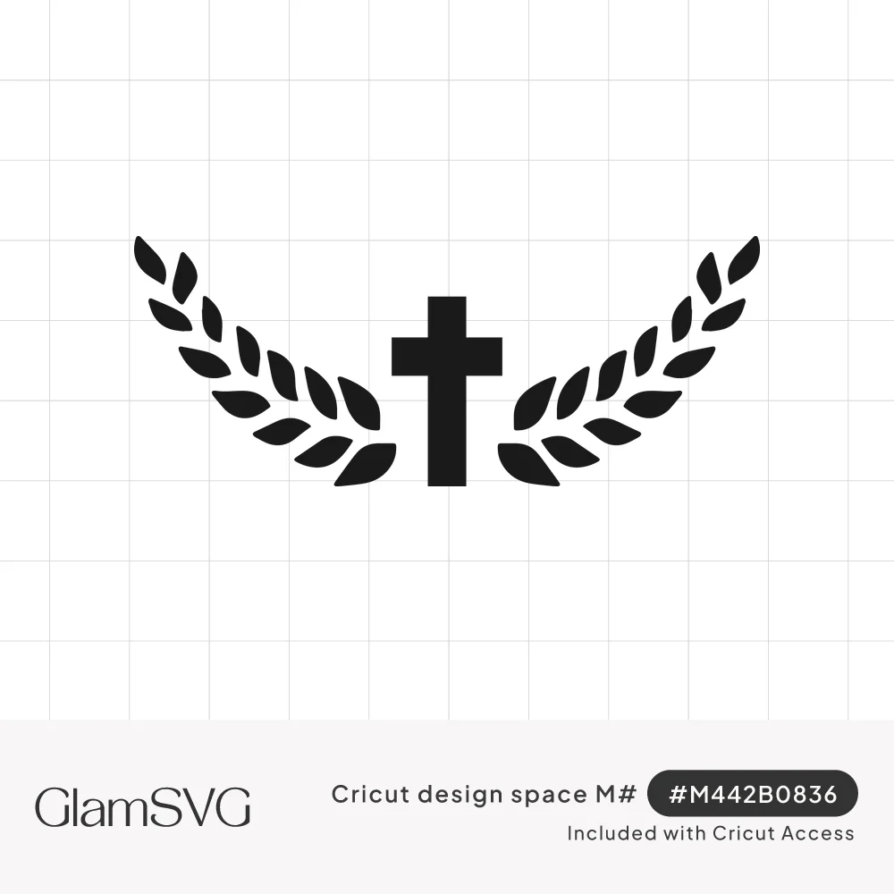 Black Latin cross centered between two upward-curving laurel branches on a white background