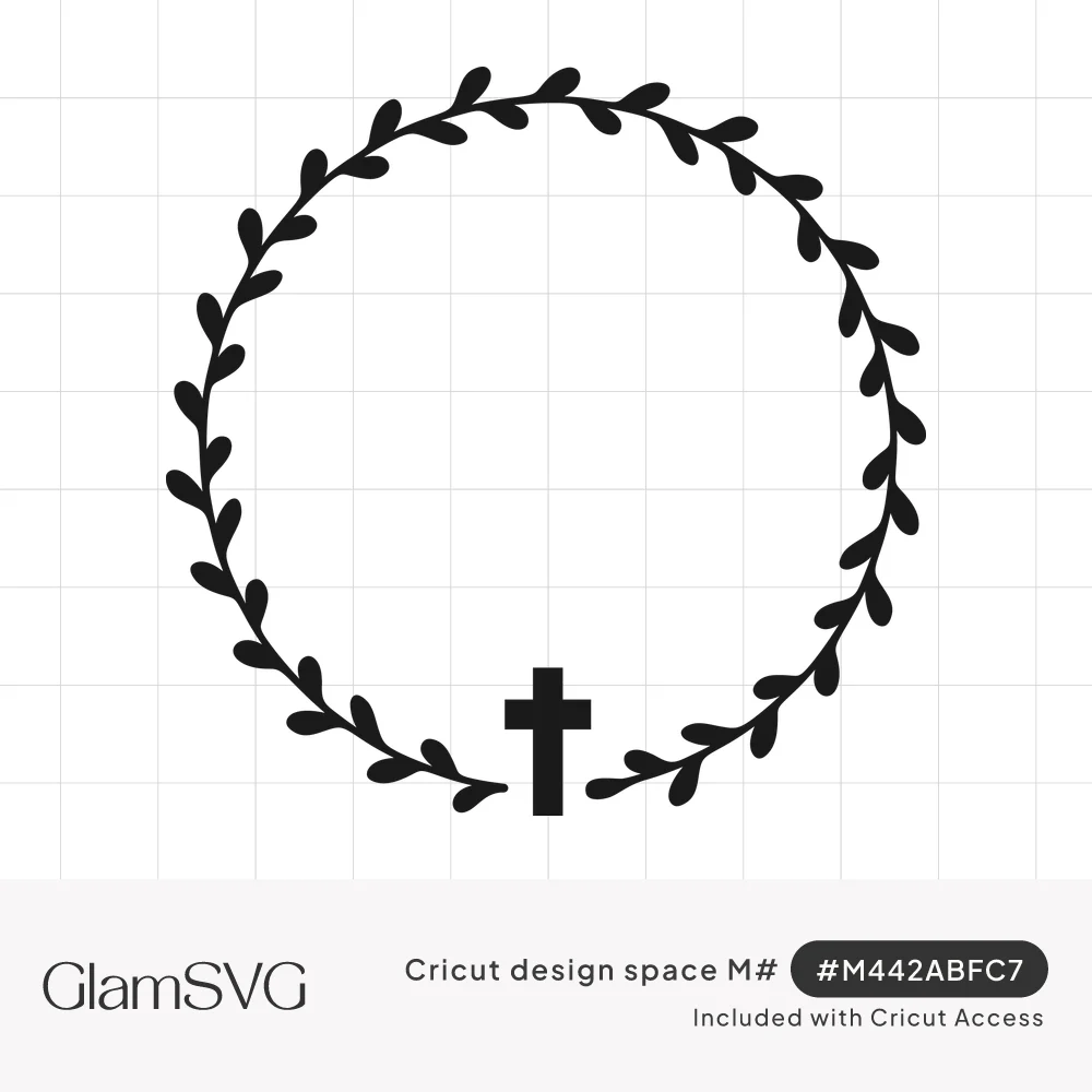 Black circular leaf wreath with a small Christian cross centered at the bottom and an open empty middle