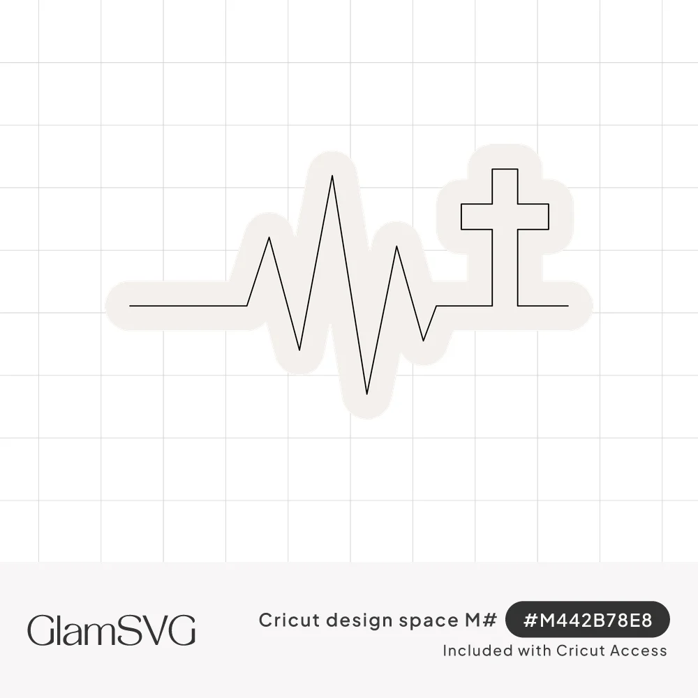Black outline heartbeat pulse line ending in an outlined Christian cross on a white background