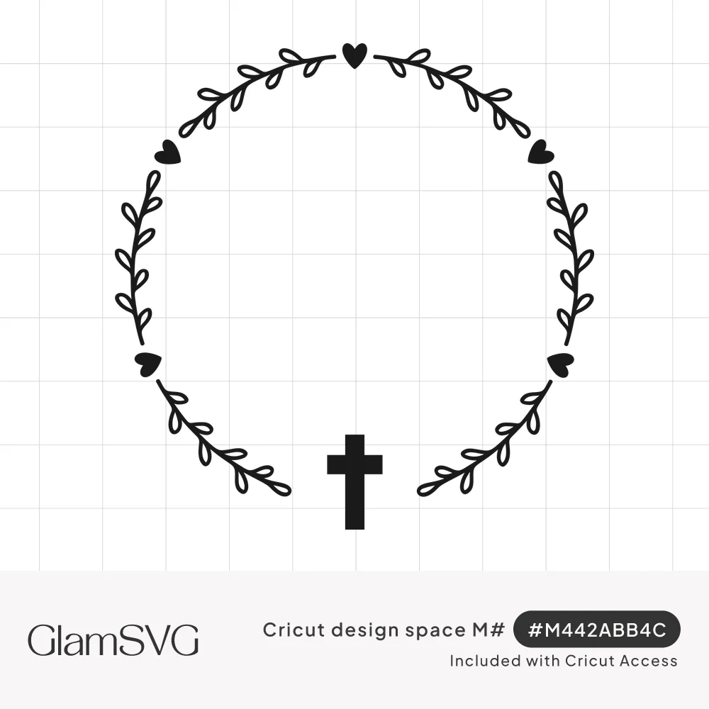 Circular wreath of thin leafy branches with small hearts spaced around it and a solid cross at the bottom