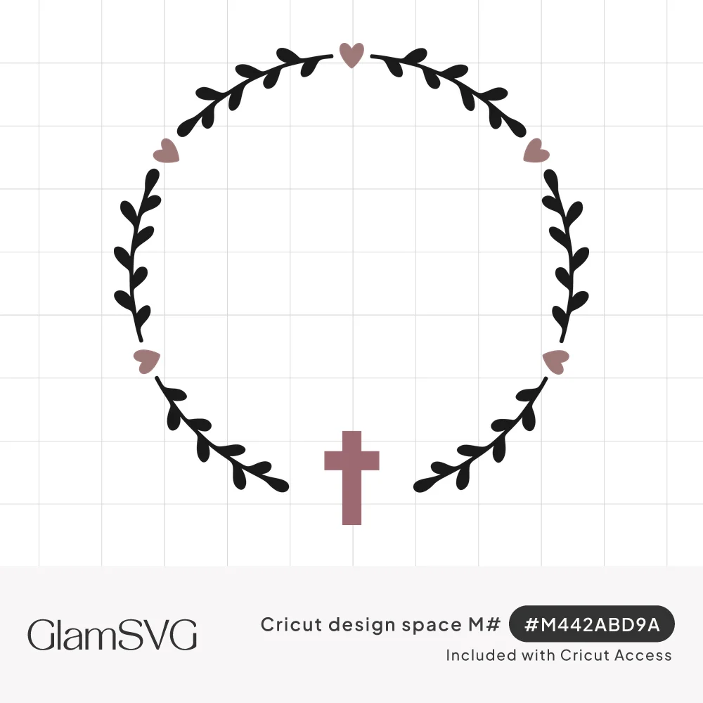 Circular wreath of black leaf branches with small pink hearts and a mauve cross at the bottom, open center
