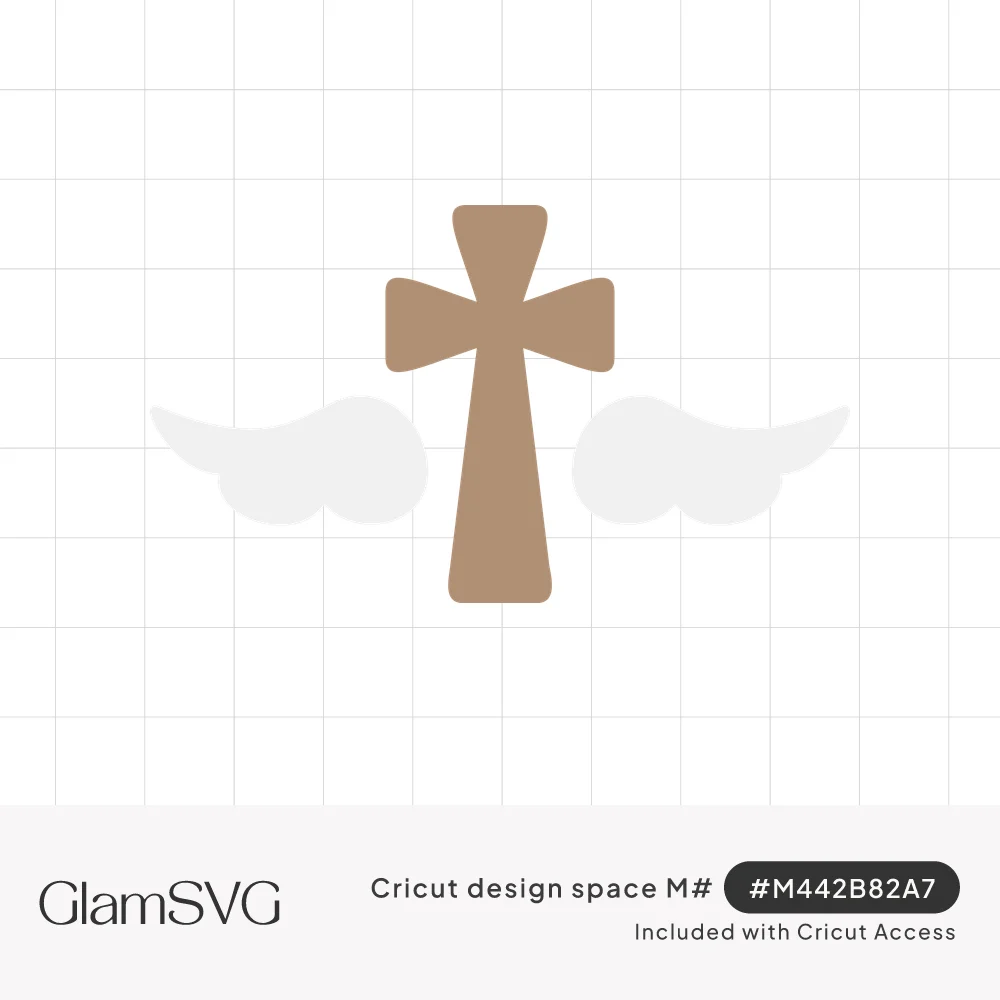 Tan flared cross centered between a pair of soft white angel wings on a plain background