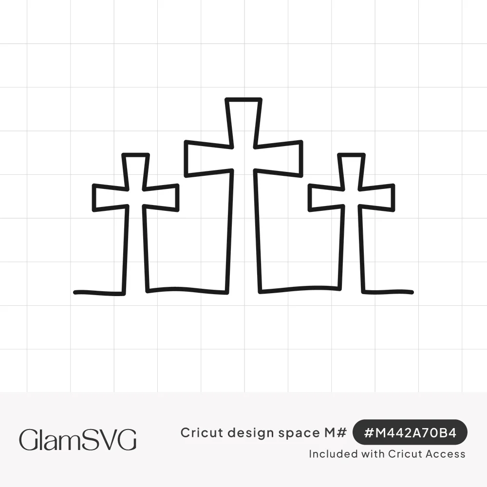 Black outline drawing of three crosses, the tallest in the center, connected by a wavy hill line