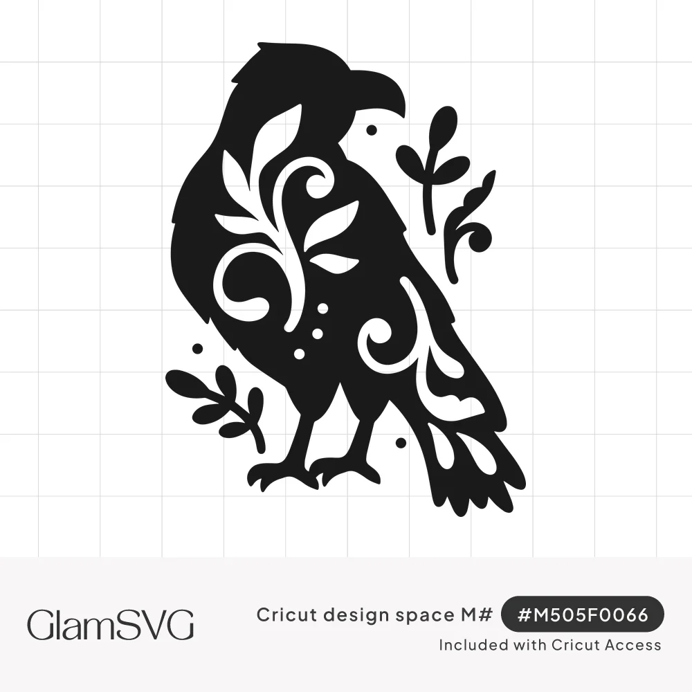 Black crow silhouette in profile with swirling leaf and scroll cutouts and small leafy sprigs beside it