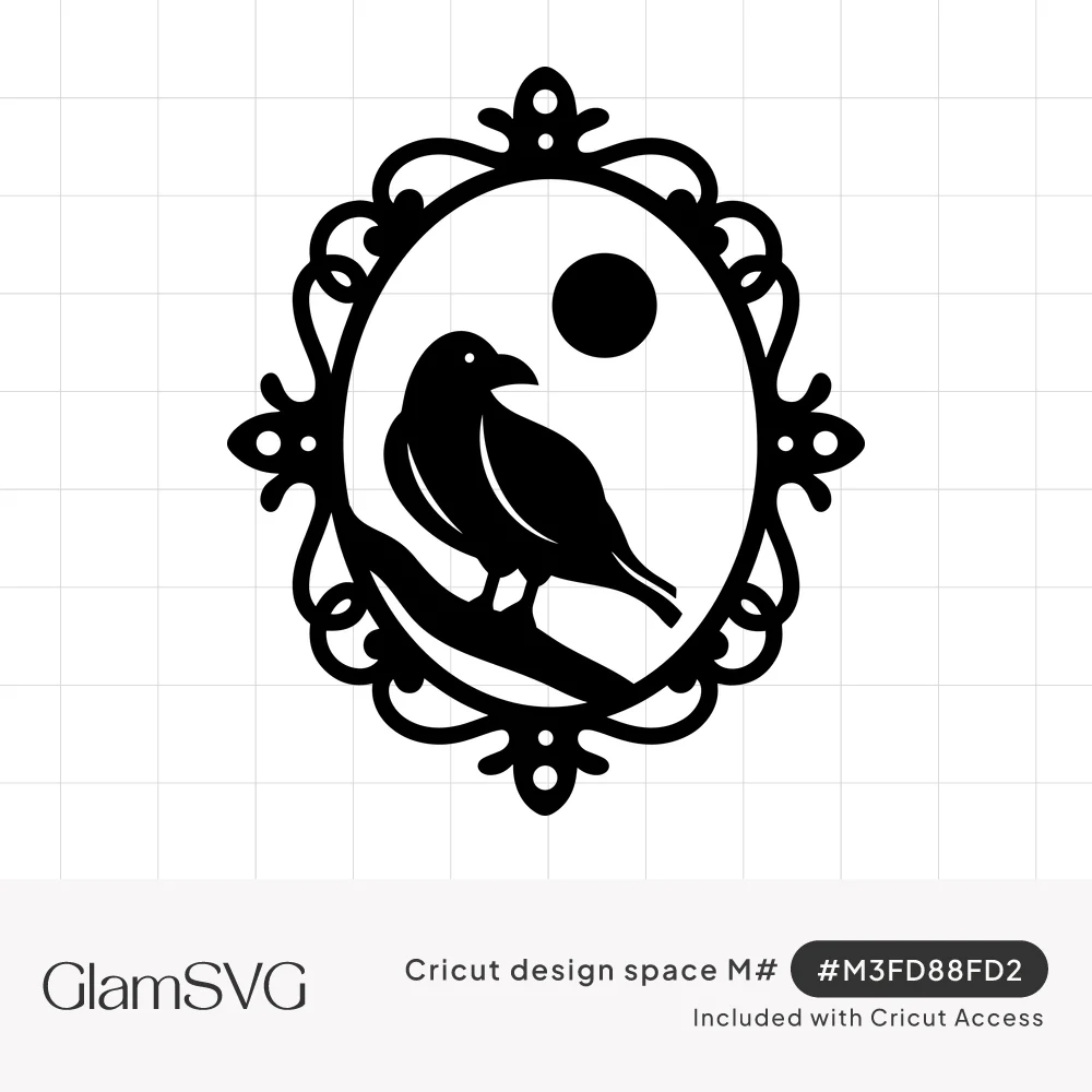 Black silhouette of a crow on a branch under a full moon inside an ornate oval Victorian cameo frame