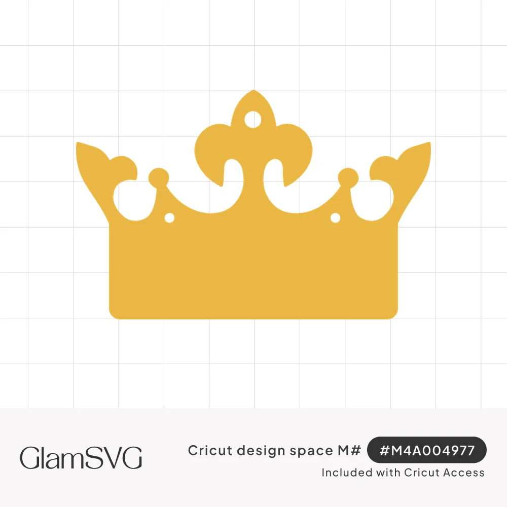Gold crown silhouette with a wide band, scrolled side points, small round cutouts and a fleur-de-lis center peak