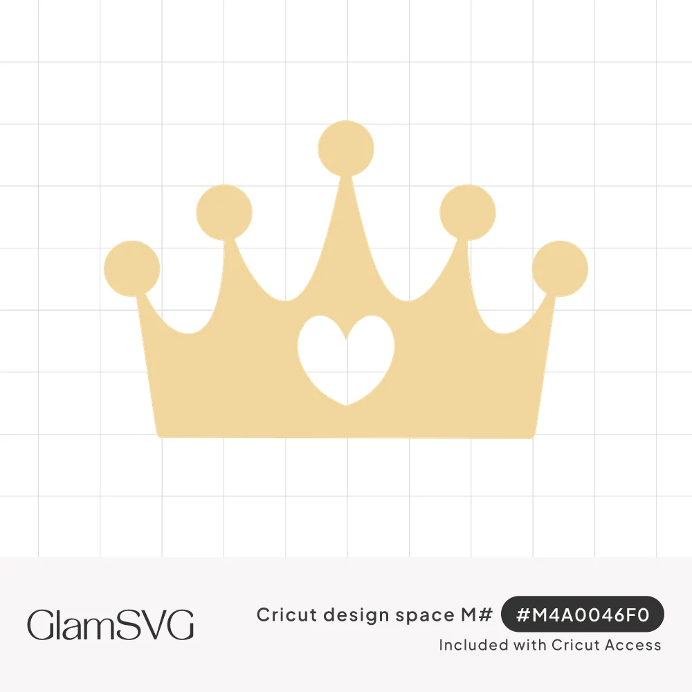 Gold princess crown silhouette with five ball-tipped points and a heart cut out in the center