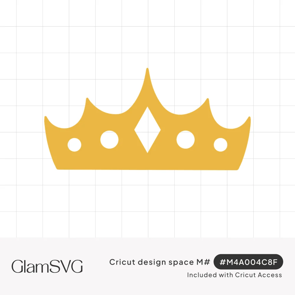 Mustard gold crown silhouette with five curved points, a center diamond cutout and four round cutouts along the band