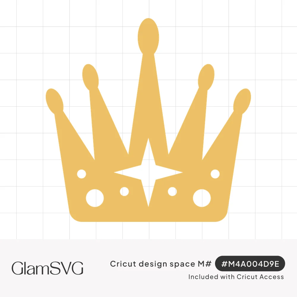 Gold five-point crown silhouette with oval jewel tips, a four-pointed star cutout and circle dots along the band