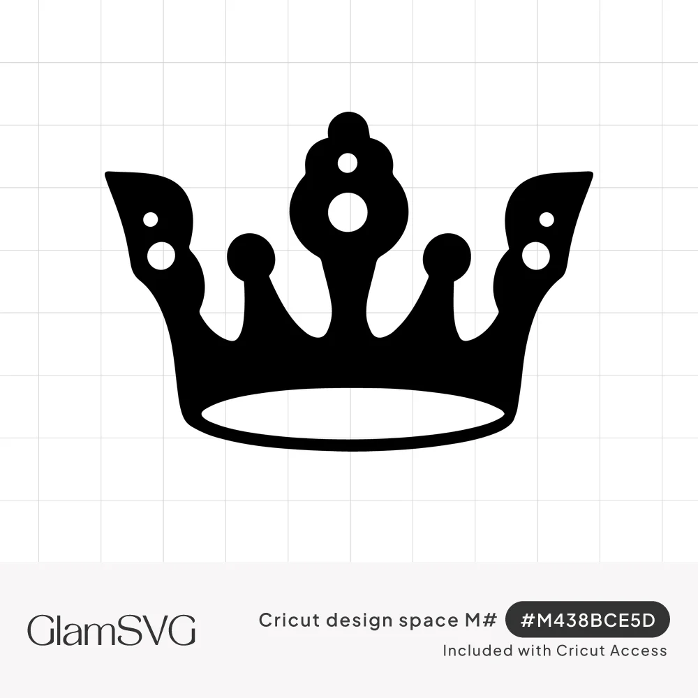 Solid black crown silhouette with jeweled points, round cutout dots and an oval band on a white background
