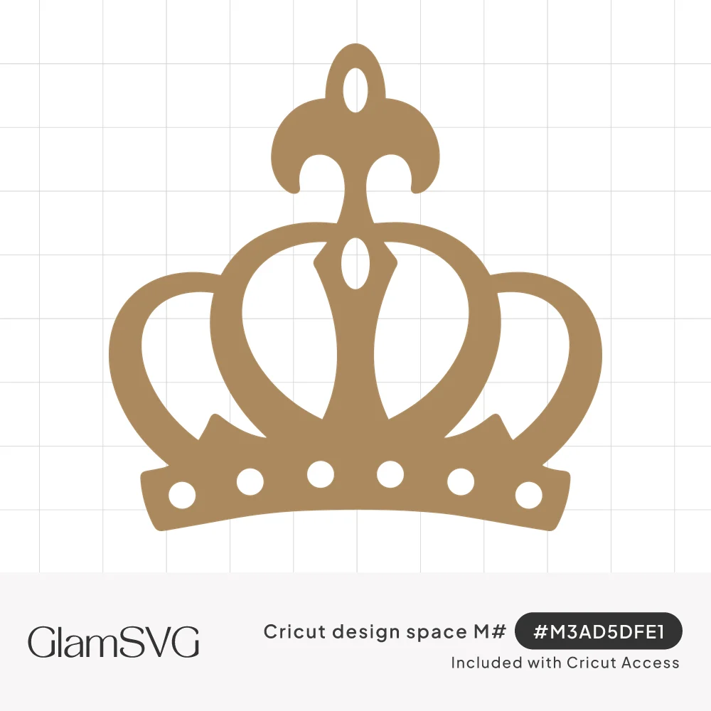 Gold-toned crown silhouette with curved arches, a fleur-de-lis style finial and a row of round cutouts along the band