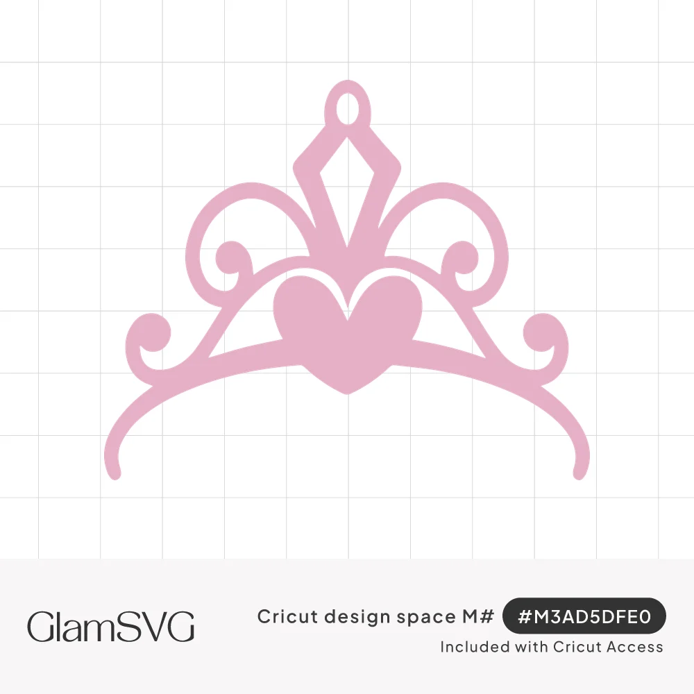 Pink princess tiara silhouette with a heart in the center, swirling scrolls and a diamond-shaped top with a small loop