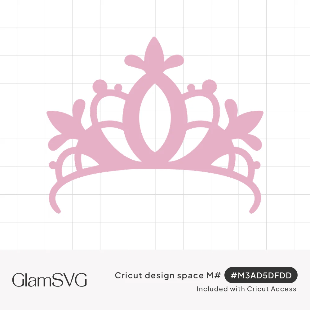 Pink silhouette of a princess tiara with a pointed center peak, curling scrolls and leafy side flourishes
