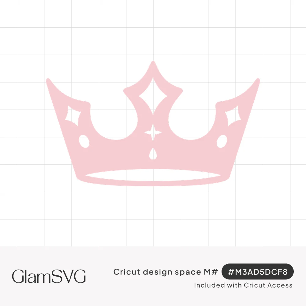 Pink crown silhouette with three curved points and diamond, star, teardrop and oval cutouts on a white background
