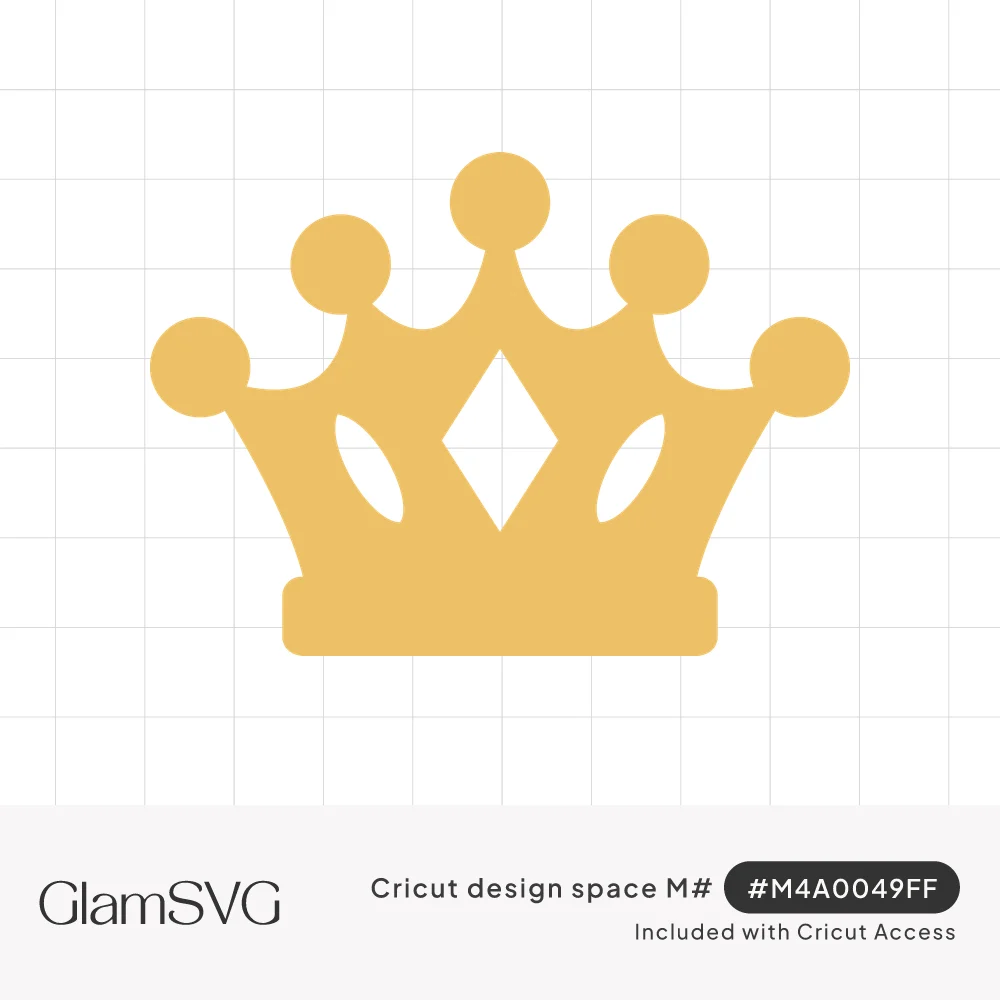 Gold crown silhouette with five ball-tipped points, a center diamond cutout and two oval cutouts on a flat band