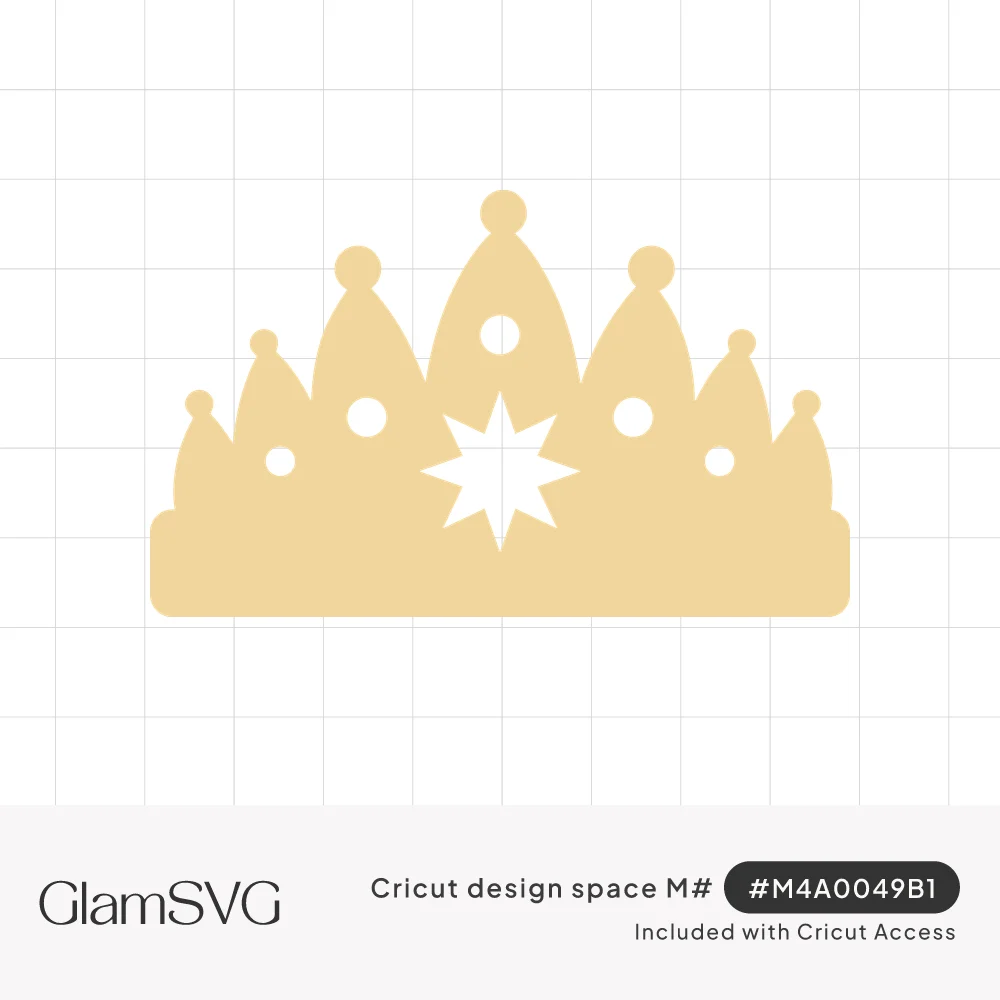 Pale gold tiara crown silhouette with seven ball-tipped peaks, small circle cutouts and a star cutout in the center