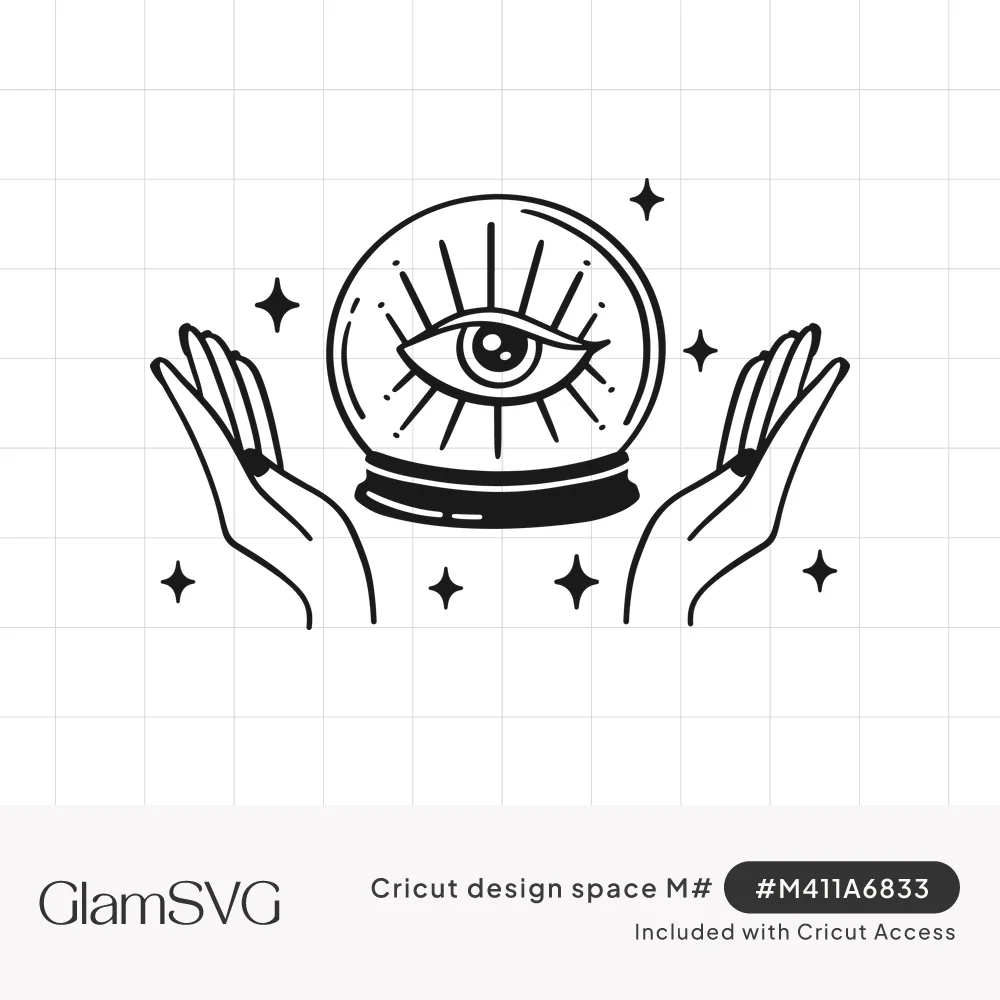 Line art crystal ball with an all-seeing eye inside, held between two open hands and surrounded by sparkles