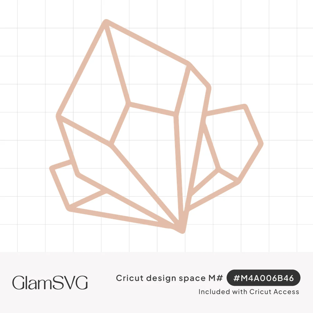 Outline drawing of a faceted geometric crystal cluster with one large gem and smaller points, in soft peach lines