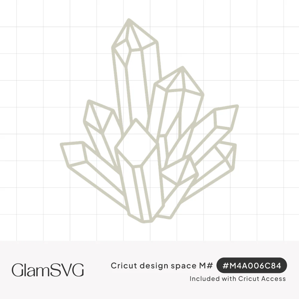 Outline drawing of a cluster of faceted quartz crystal points in thin beige geometric lines