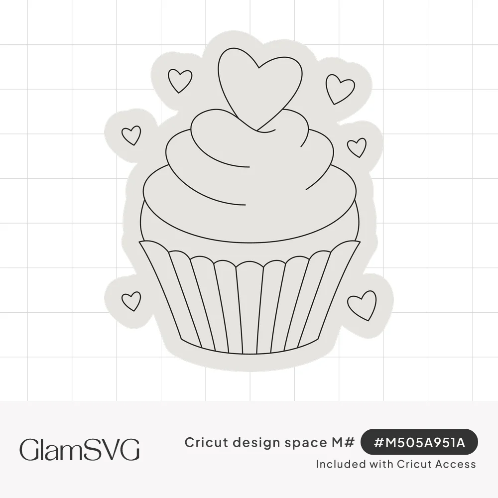 Line-art cupcake with swirled frosting and a heart on top, surrounded by small hearts inside a sticker-style outline