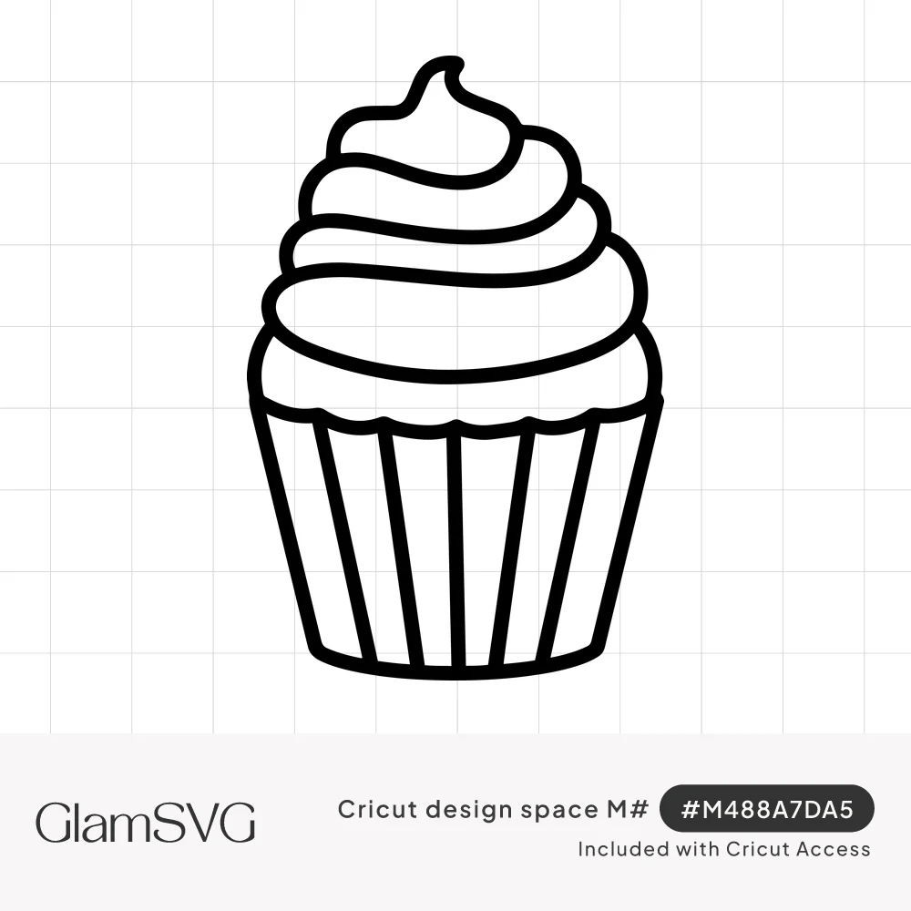 Black outline drawing of a cupcake with swirled frosting topped by a curl and a pleated paper liner