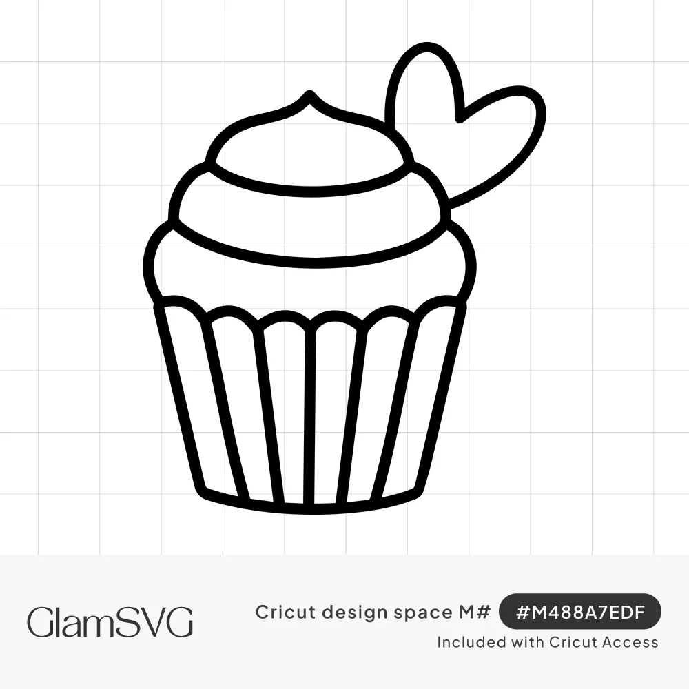 Black outline drawing of a cupcake with swirled frosting, pleated liner and a small heart pick on top