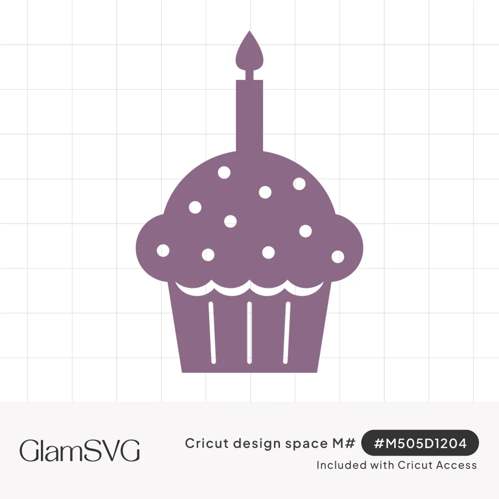 Solid purple silhouette of a frosted cupcake with one lit candle, sprinkle dots and a striped wrapper