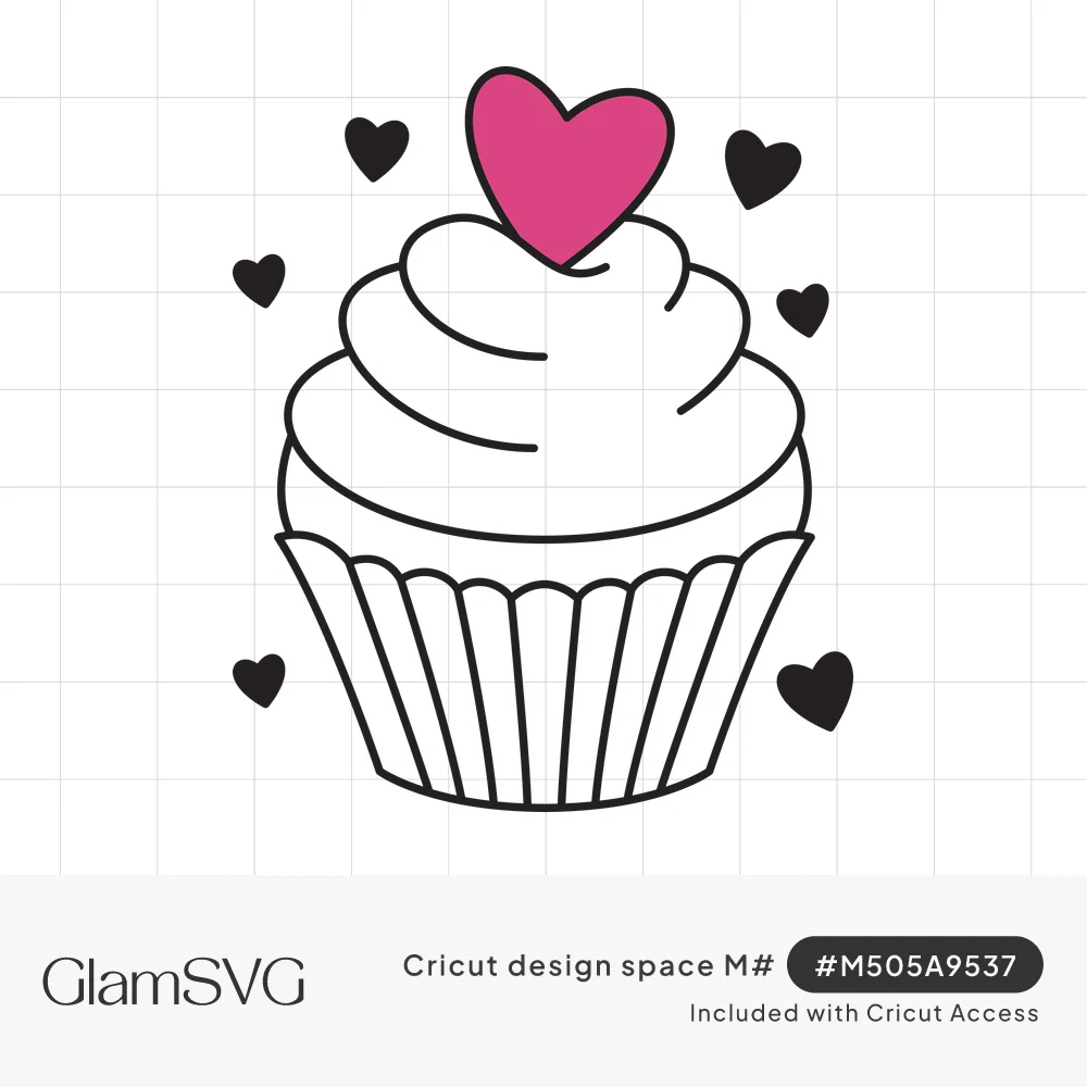 Black outline cupcake with swirled frosting topped by a pink heart, surrounded by small black hearts