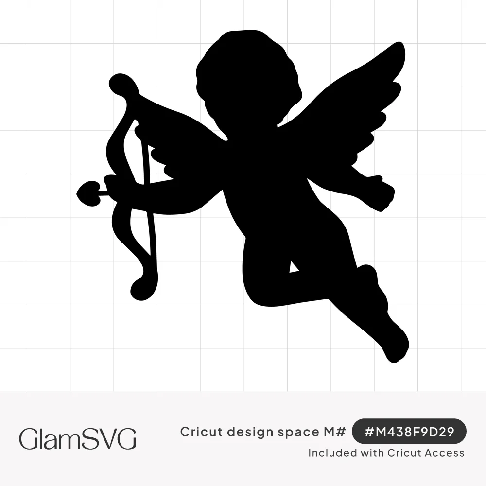 Black silhouette of a winged cupid cherub flying and aiming a bow with a heart-tipped arrow