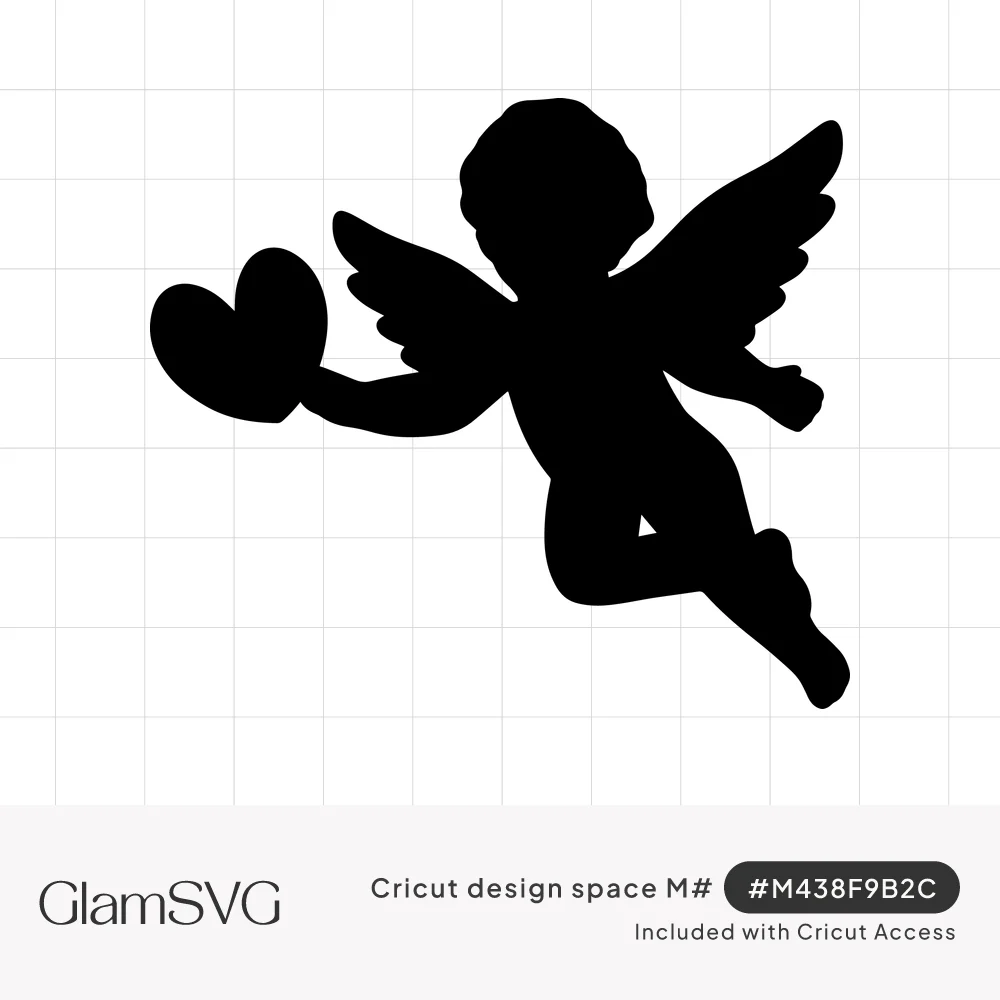 Solid black silhouette of a flying winged cupid cherub holding out a heart in one hand